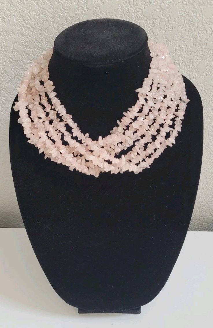 Vtg Rose Quartz Chip Bead Necklace/Choker Pink Gemstone 6 Strands New