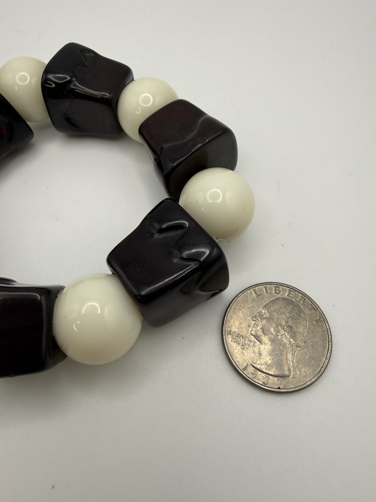 Vintage Chunky Brown & White Lucite Bead Stretch Bracelet Statement