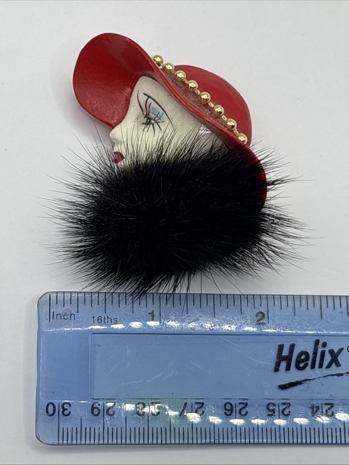 VTG Flapper Pin Brooch Deco Lady Red Gold Hat Fur Collar Hand Ptd Ceramic Gift