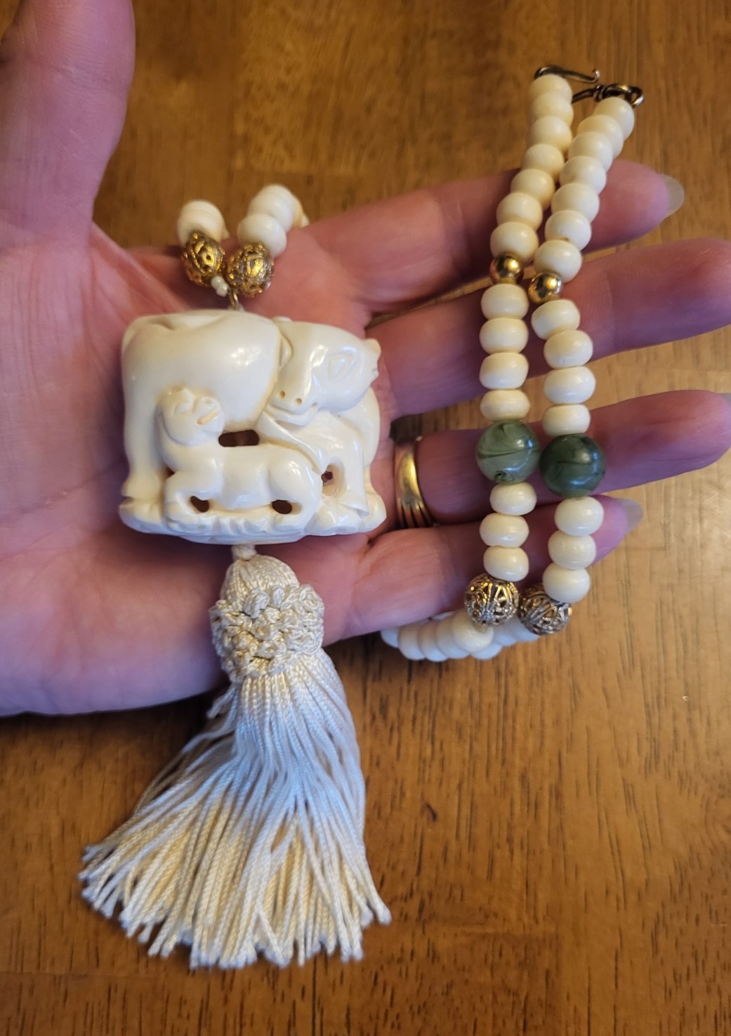 Vintage Ox & Calf Celluloid Netsuke Bead Tassel Necklace 22 Inches 5.5 Inch Drop