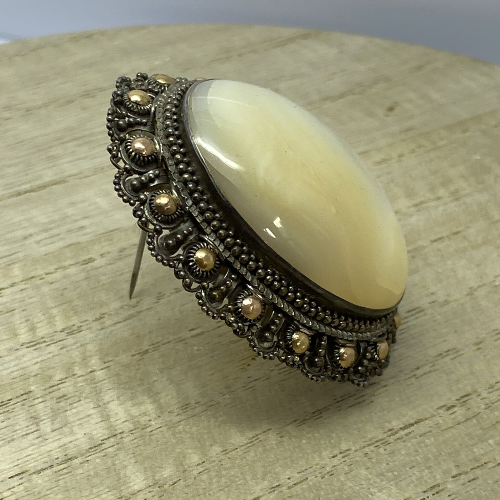 Large Mother Of Pearl Brooch Set In Sterling And Gold Filled Accents
