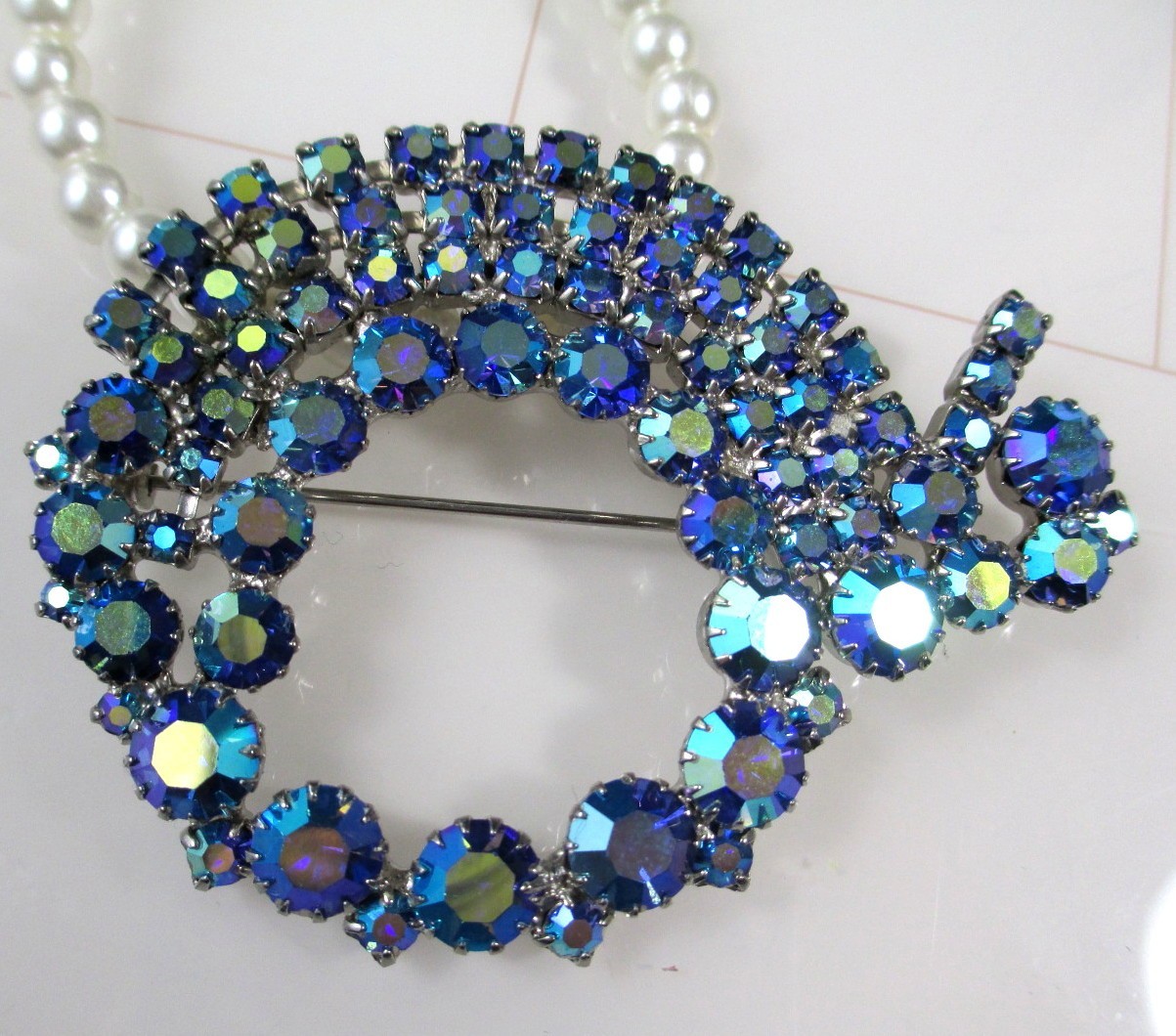 Vintage Large AB Rhinestone Brooch Blue Aurora Borealis Mid Century Statement
