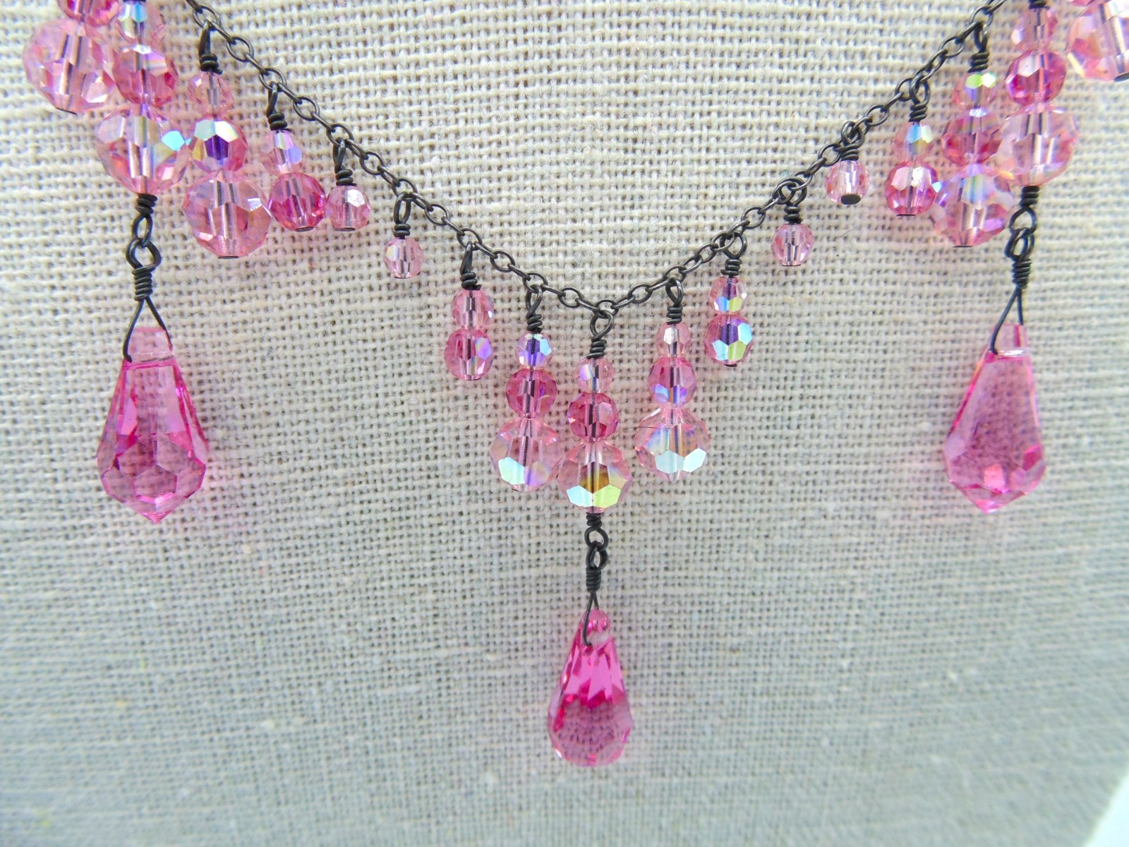 Vintage .925 STERLING SILVER and PINK CRYSTAL Festoon Necklace Adj. 15″-19″ Exc.