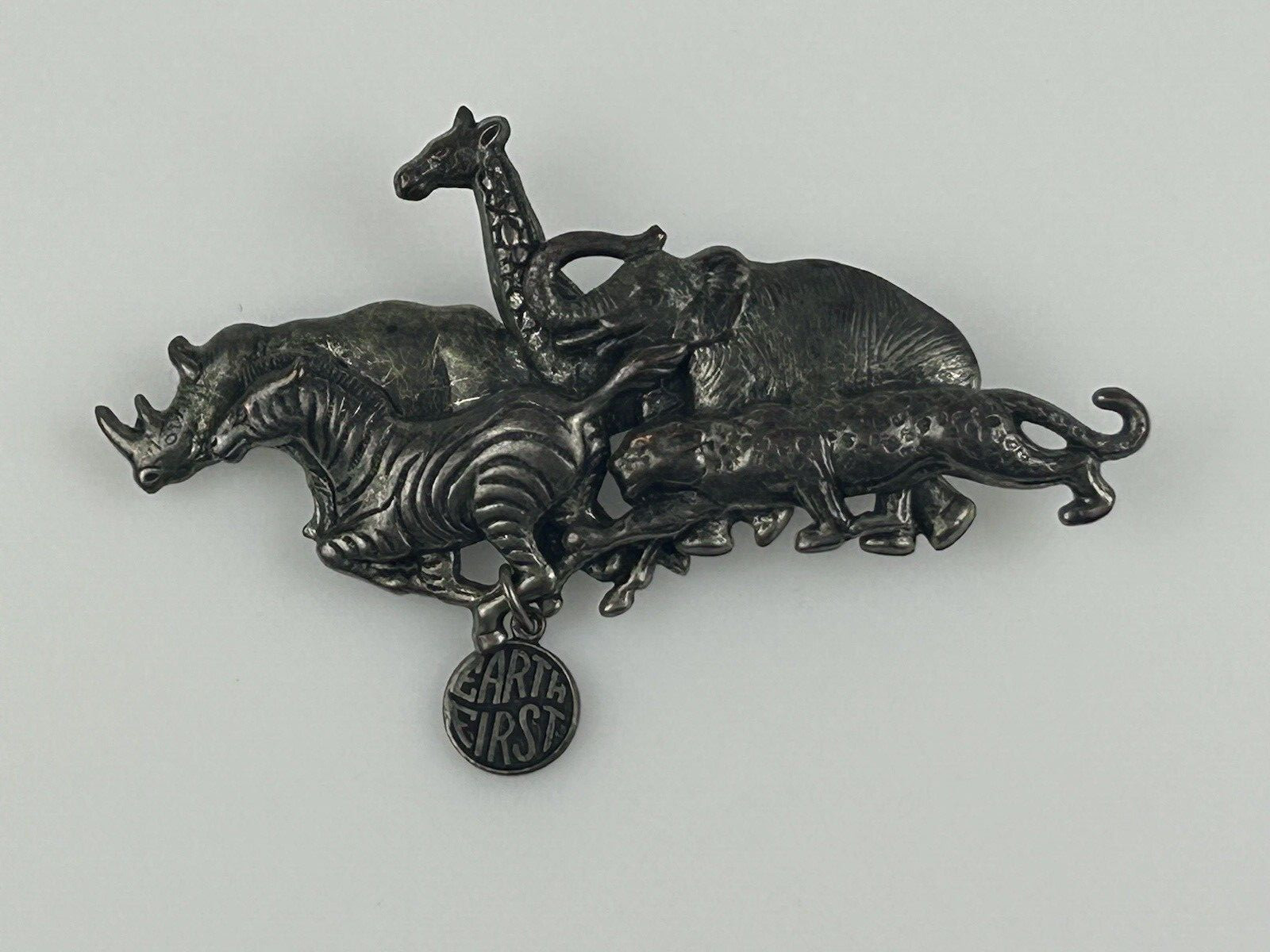 Vintage Animal Safari African Savannah Earth First Brooch Zebra Giraffe Elephant