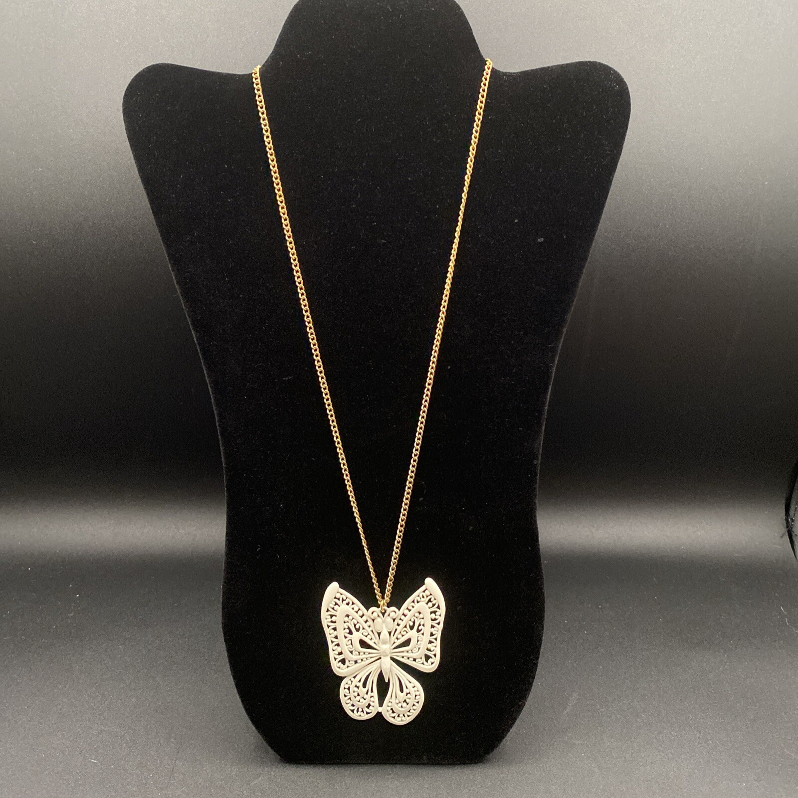 Vintage White Enamel Articulated Large Butterfly Gold Tone Open Link Chain Mod