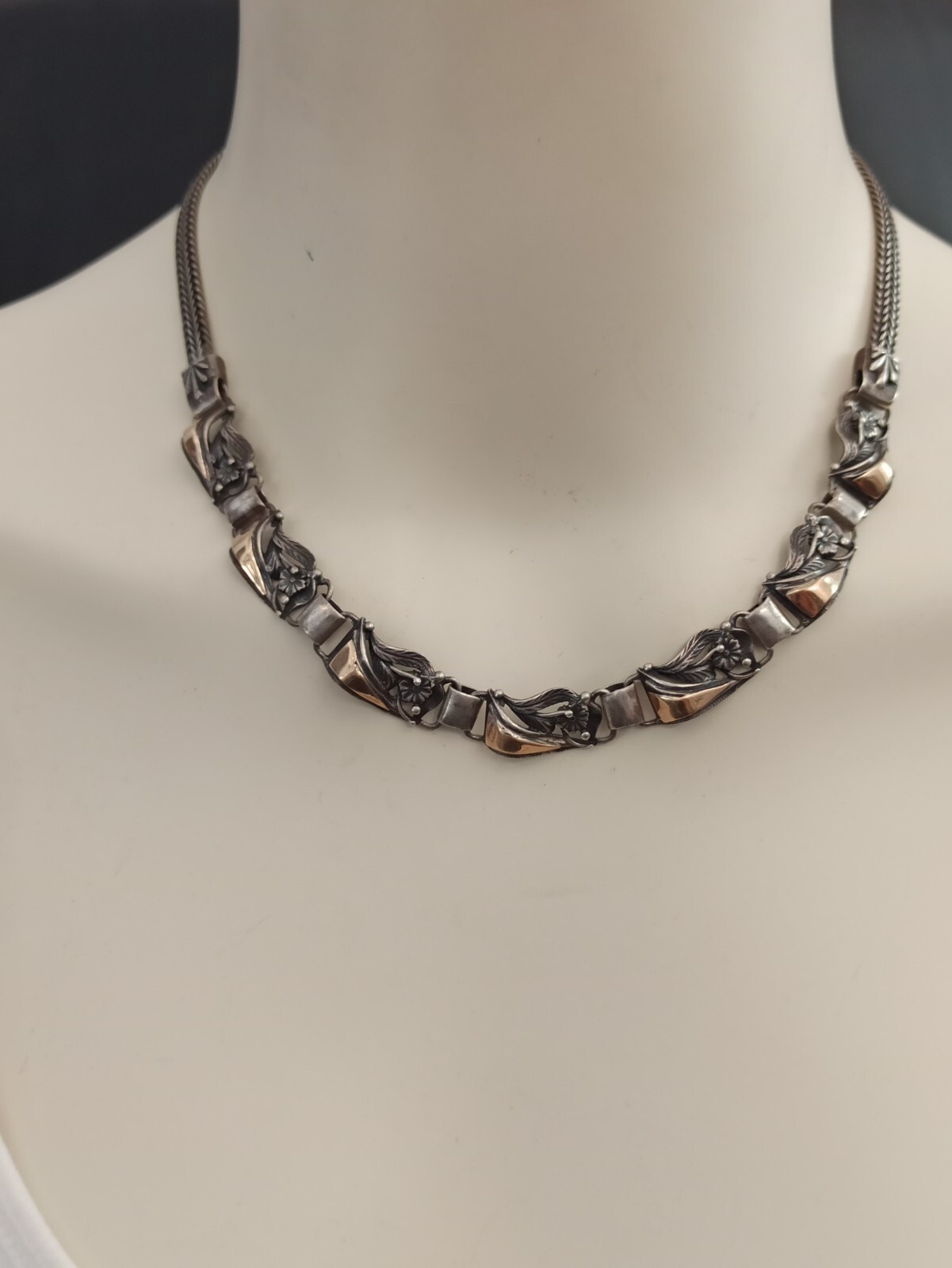 Vintage Silver Gold Necklace Bicolor Articulated Art Deco Revival Links 90s 925