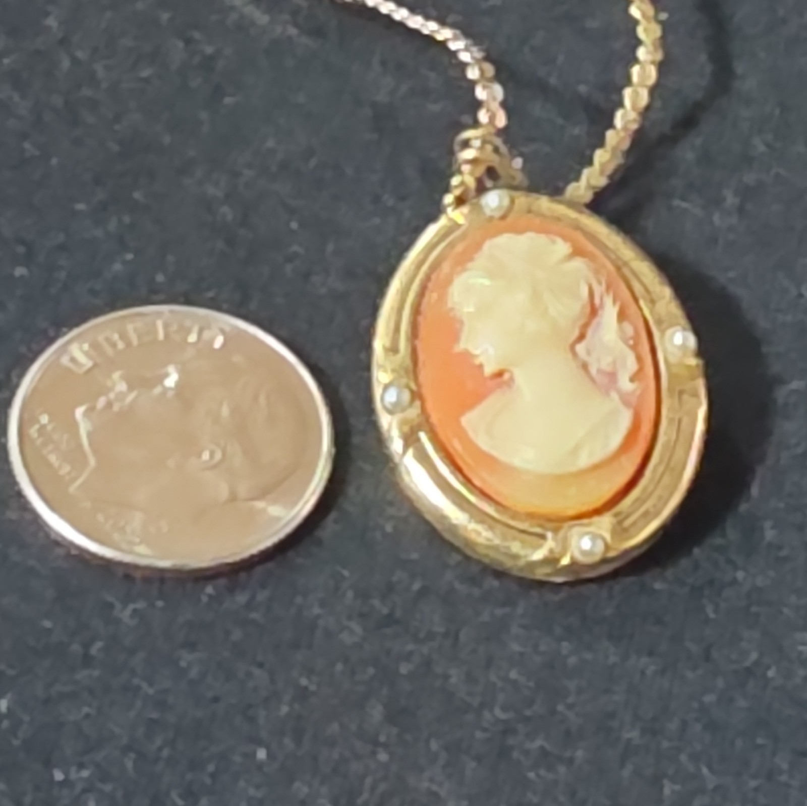 Oval Cameo Portrait Pendant Necklace, Gold Tone Setting, Orange & Cream