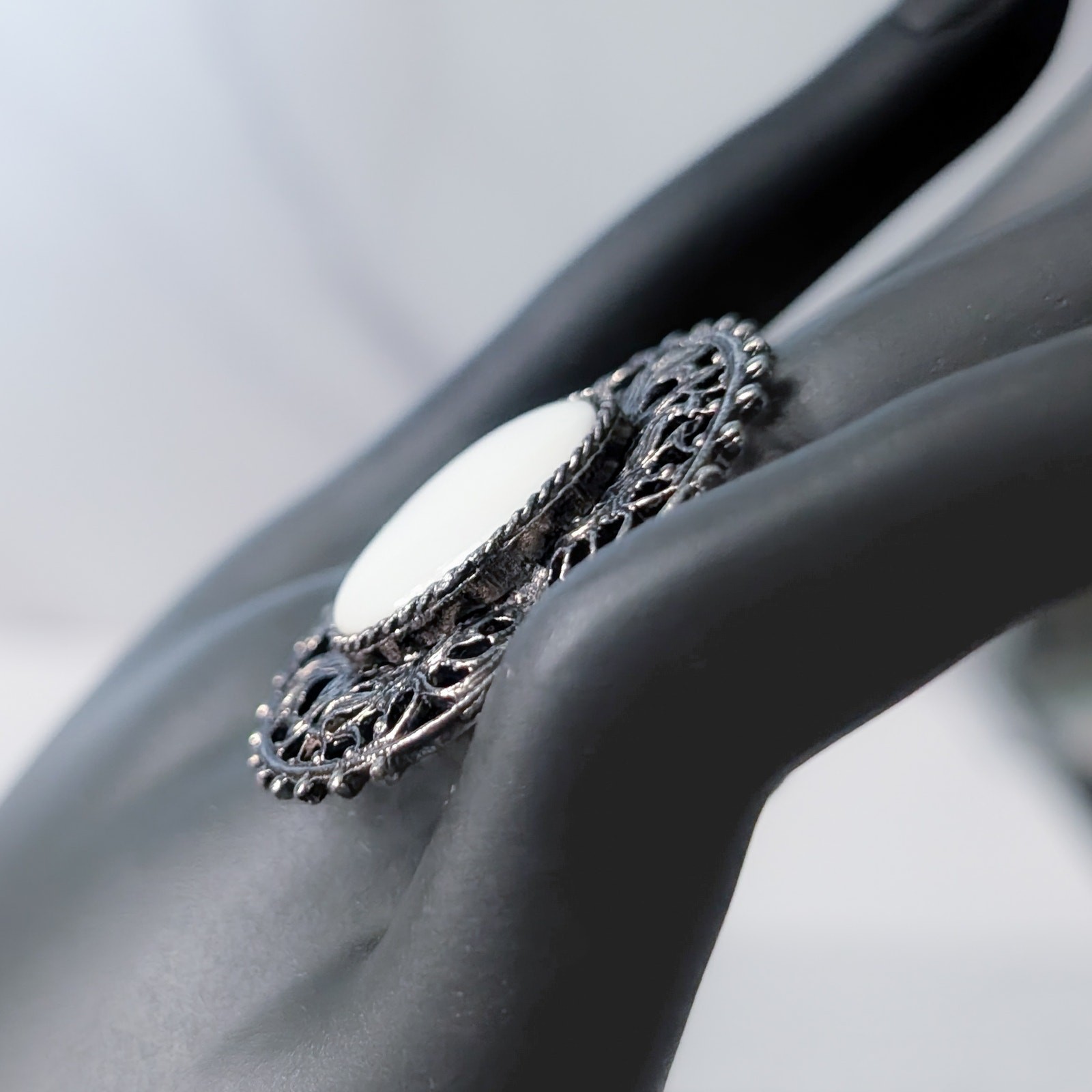 Vintage Ring Extra Large Dark Silver Tone with White Center Statement
