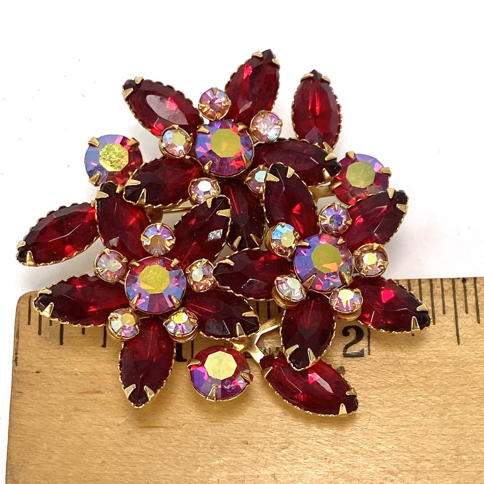 Vintage Red AB Crystals Prong Set Brooch Pin