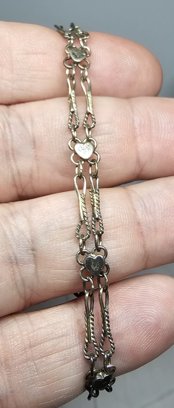 Vintage Sterling Silver Heart Station Bracelet 925 Double Link Twisted Bar Chain