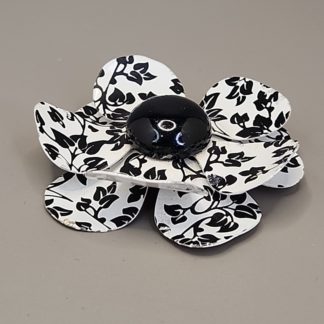 Vintage Enamel Flower Brooch White Black Vines Round 2.75″