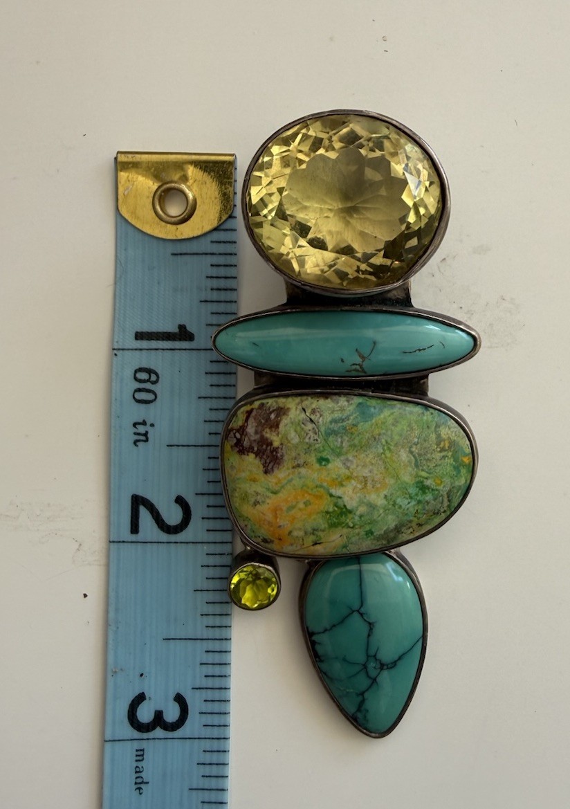 Vintage AKR Amy Kahn Russell 925 Variscite Citrine Turquoise Pendant Brooch