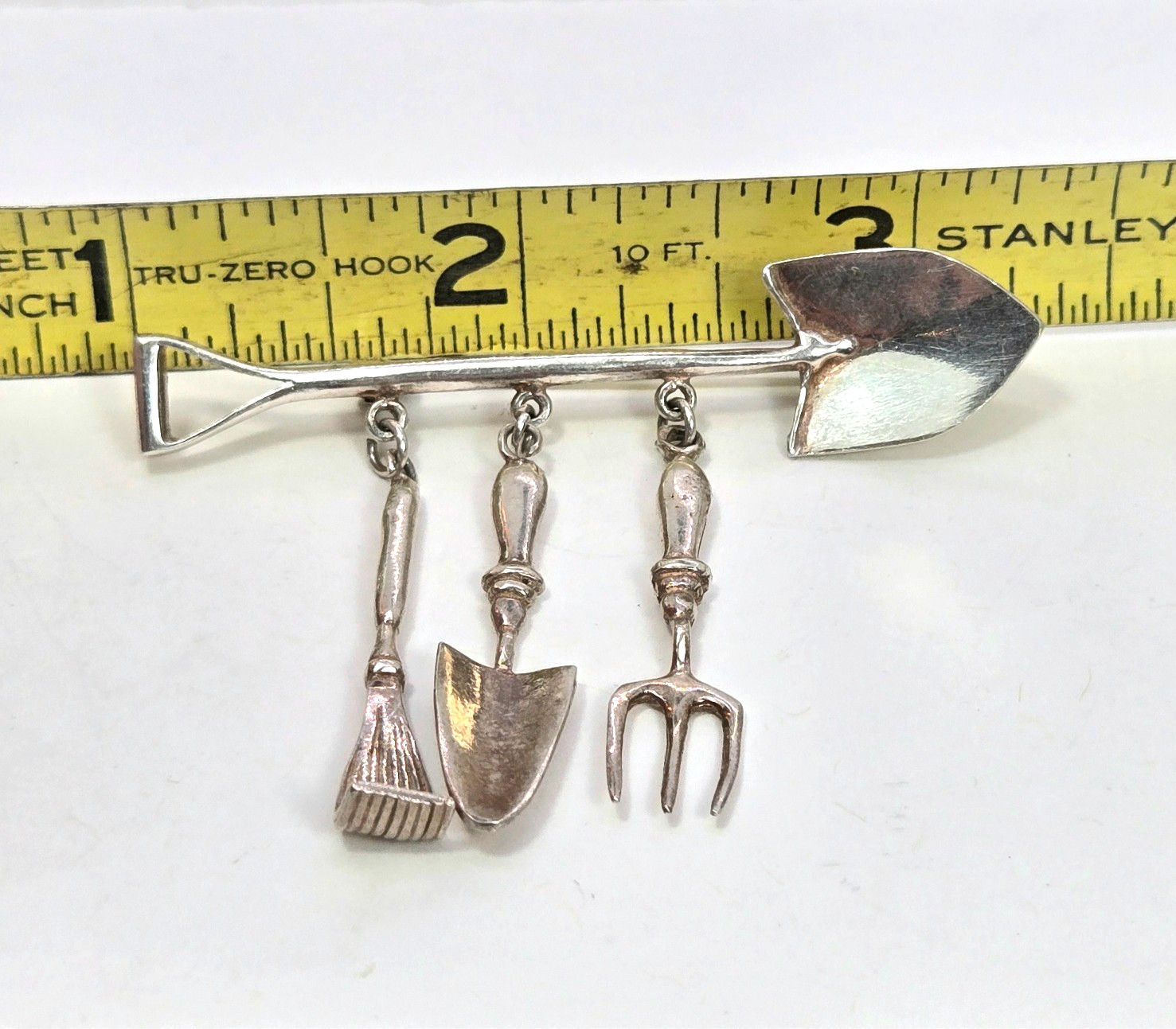 Vtg Sterling Gardening Brooch Pin Spade Trowel Fork Dangle Charm 925 Silver MEOW