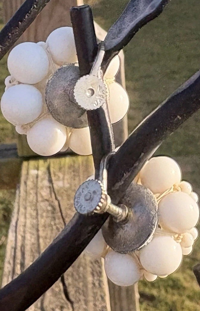 Vintage Japan White Cluster Earrings Screwback Grape Bead Bridal Cottagecore