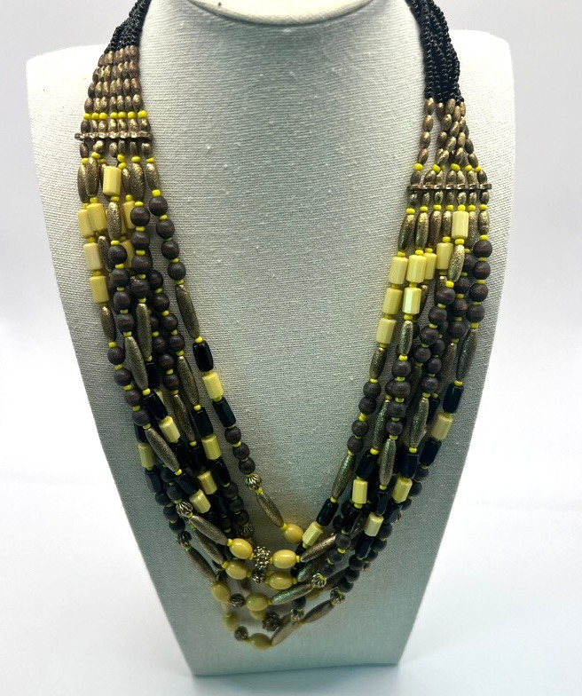 Vintage Boho Multi-Strand Necklace Yellow Black Natural Wood Seed Beads Earthy
