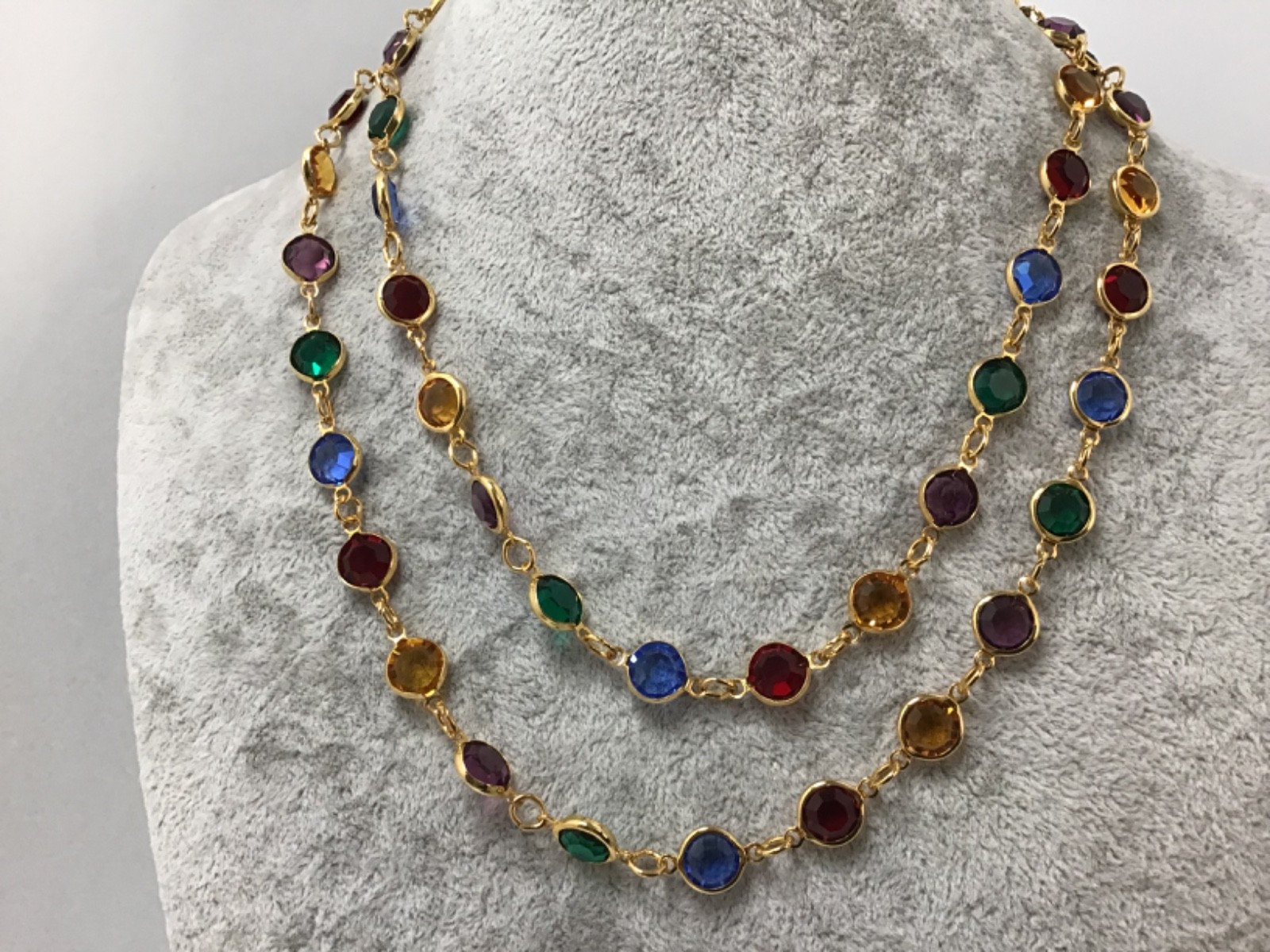 Vintage AUSTRIAN CRYSTAL USA Multicolored Bezel Crystals 35” Necklace