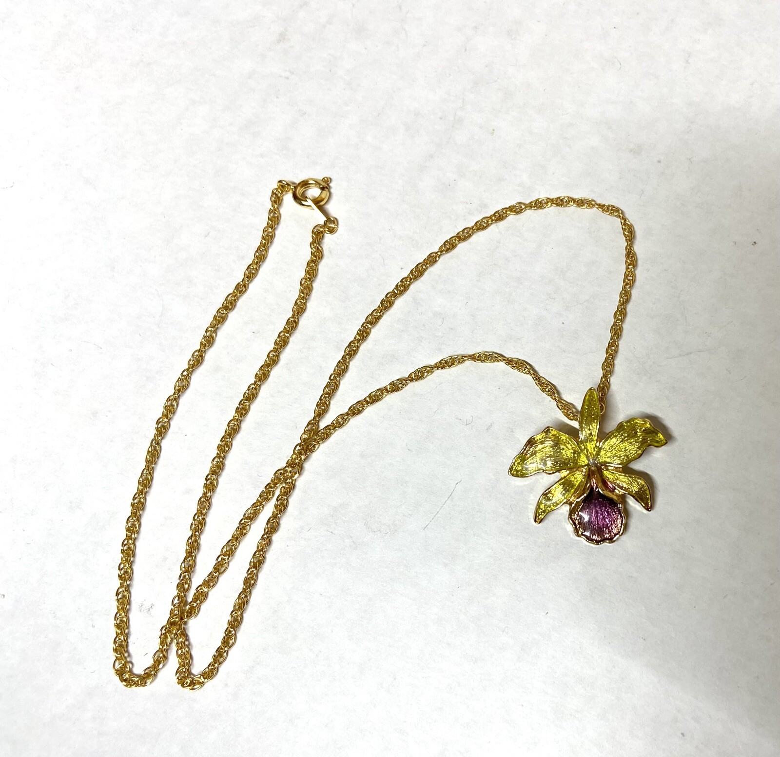 Pretty Enamel Pendant. Orchid Flower -Lime Green and Purple Enamel Necklace