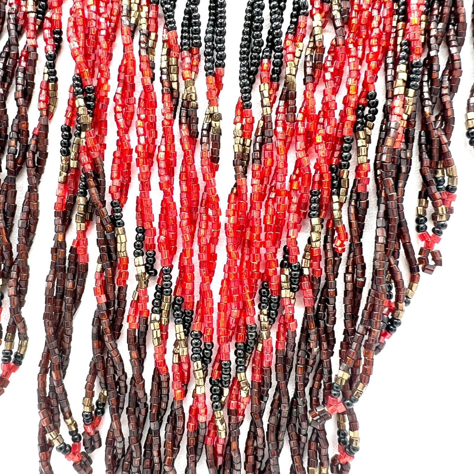 Vintage 1970s Exotic Beaded Fringe Necklace Red Black Gold Drippy Bib Statement