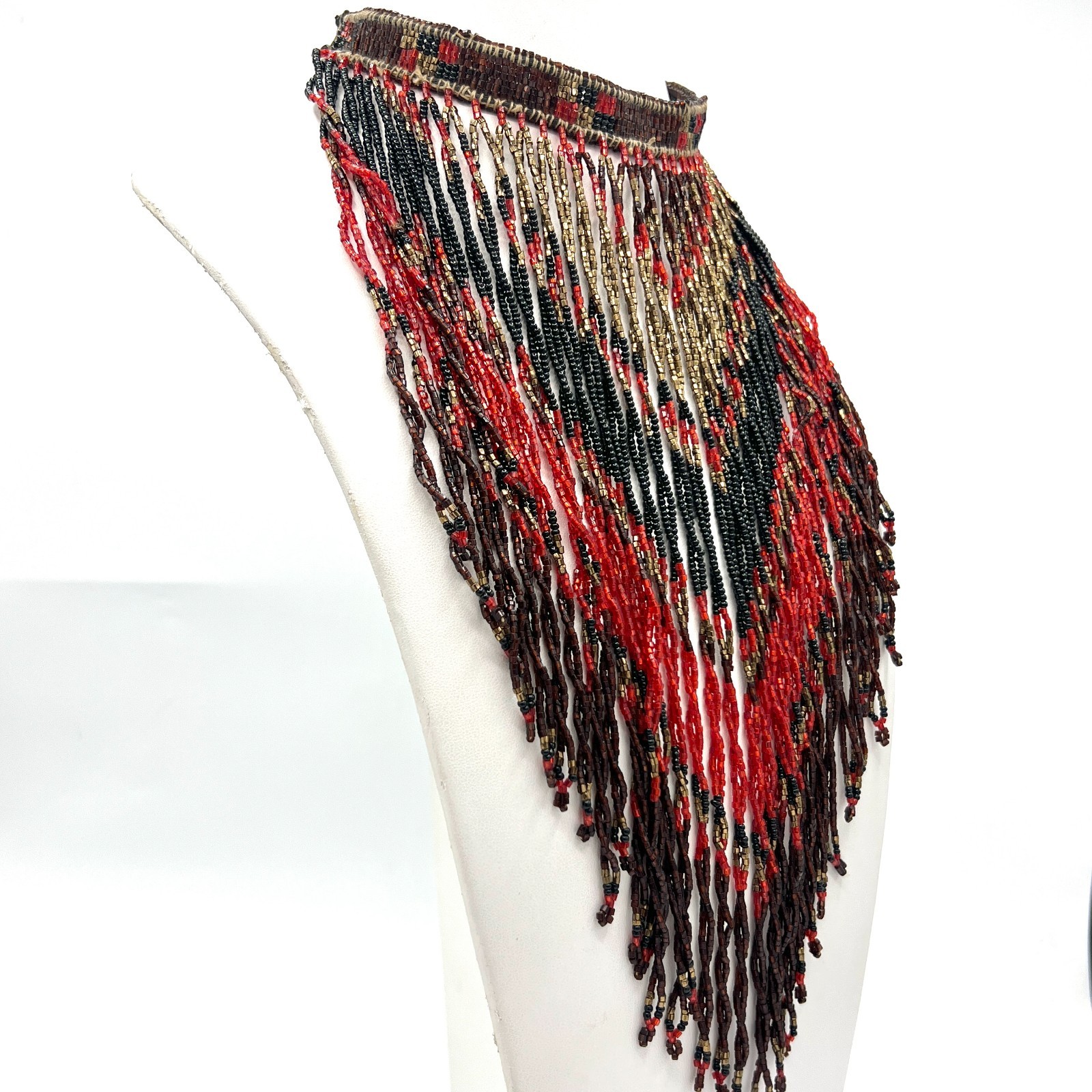 Vintage 1970s Exotic Beaded Fringe Necklace Red Black Gold Drippy Bib Statement