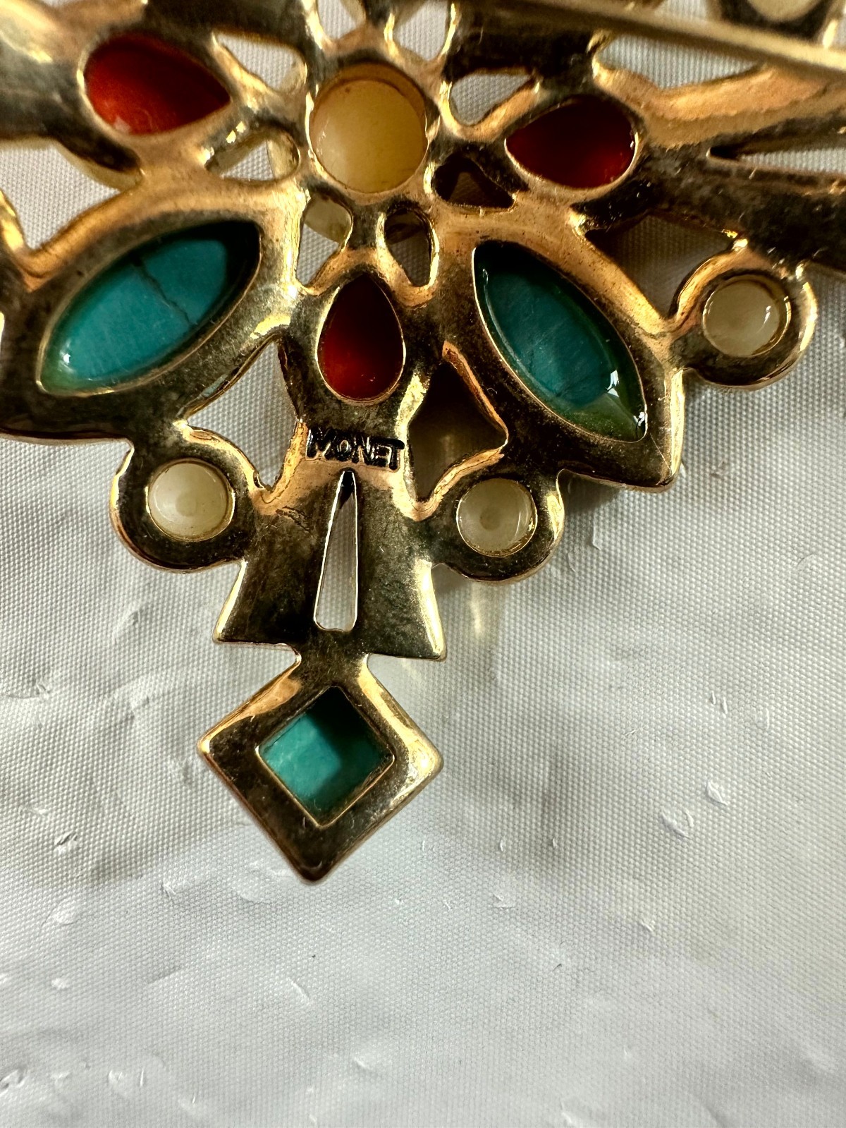 Monet Maltese Cross Turquoise Coral Faux Pearl Cabochon Gold Tone Brooch Pin