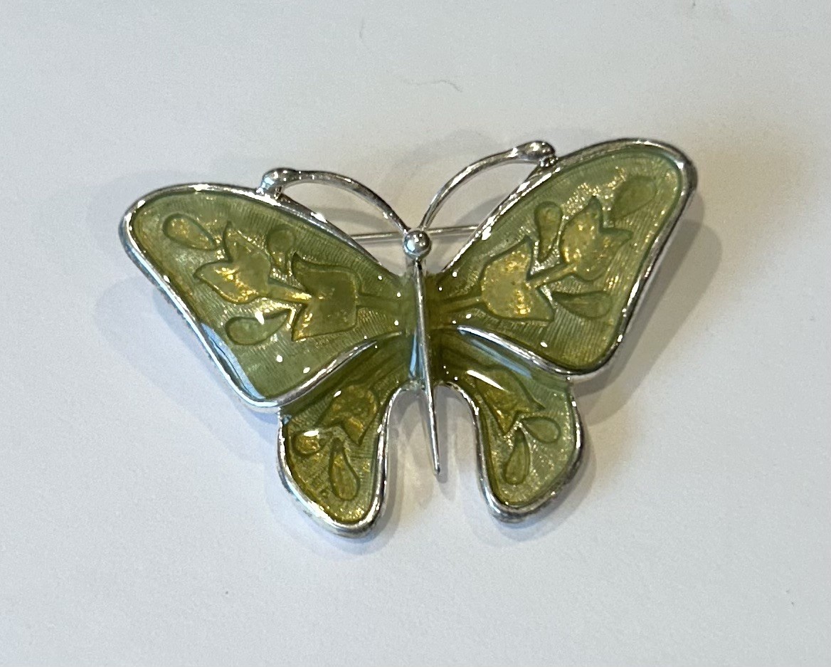 Anne Klein Lime Green Enamel Butterfly Brooch/Pin Silver Tone