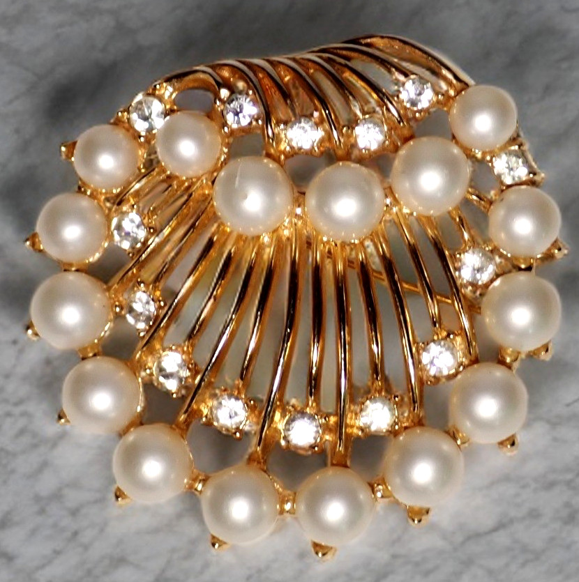 Crown Trifari Brooch with Faux Pearl & Rhinestone Accents Seahell Signed Pin