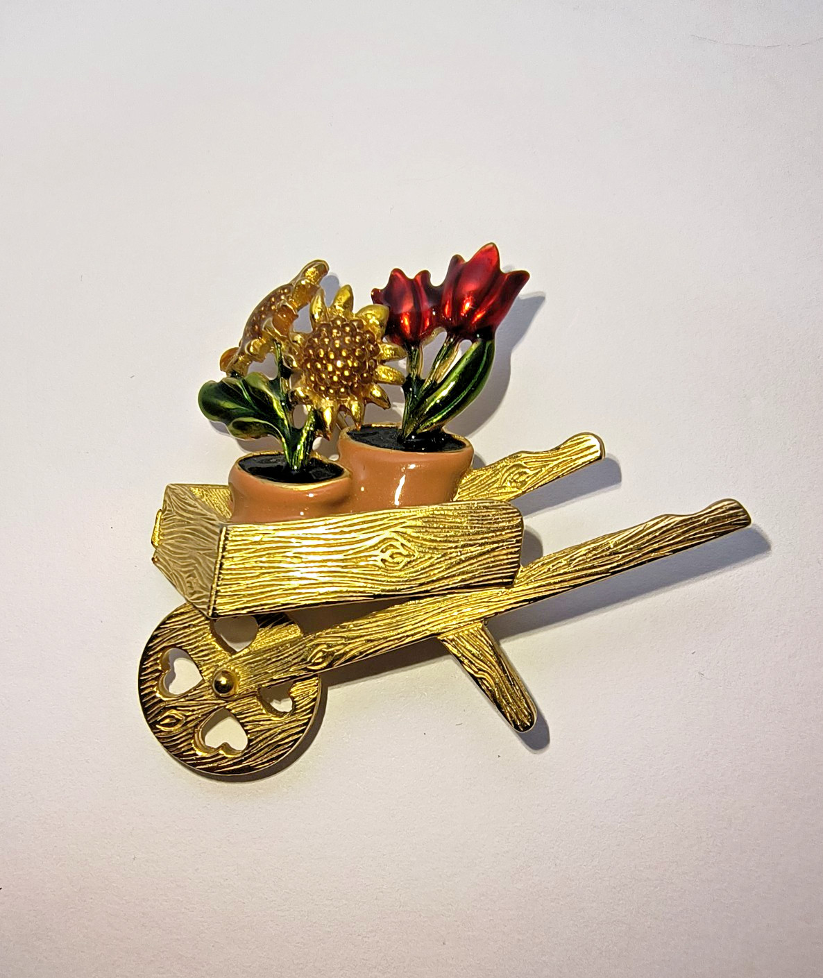 Vintage Gold Tone Wheelbarrow Flower Brooch Enamel Floral Garden Pin
