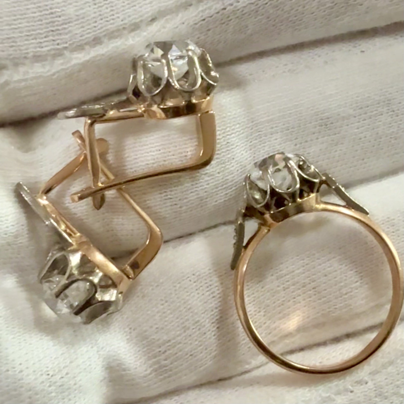 Soviet Rose Gold Rock Earrings & Ring 585 14K 9.90g