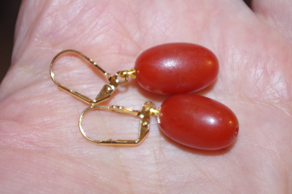 HANDMADE 14K GF GORGEOUS DARK AMBER 39MM BAKELITE OVAL LEVER BACK EARRINGS
