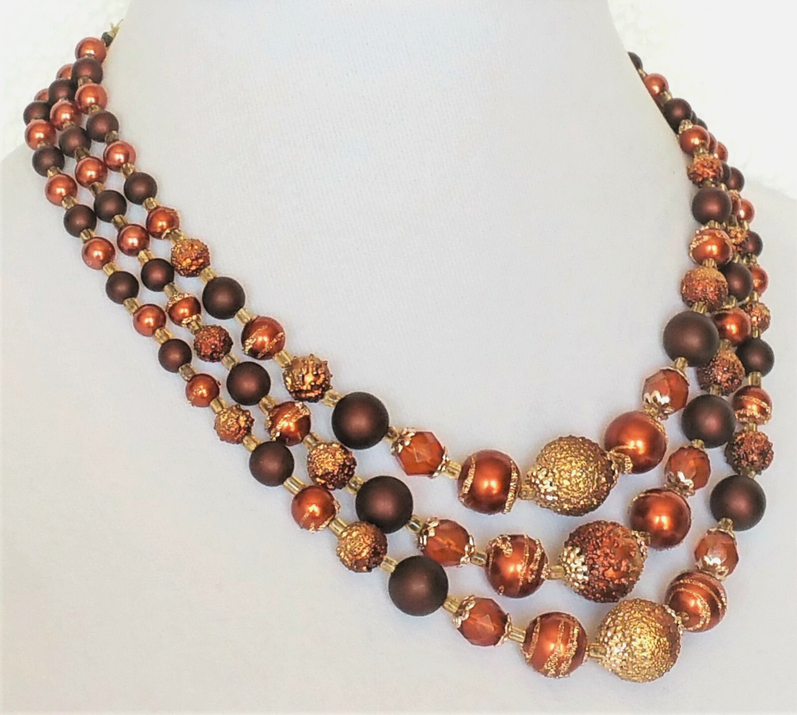 Vintage Womens Necklace Bronze Copper Gold Tone Beads Art Deco 3 Strands