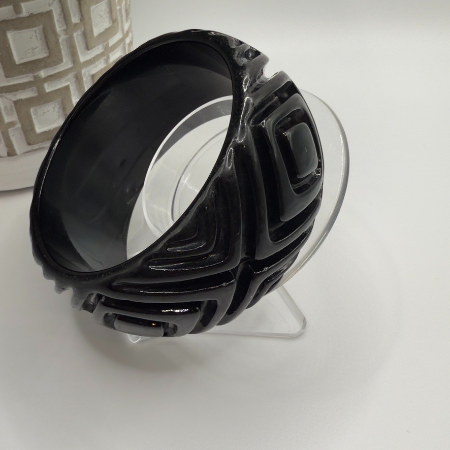 Vintage Black Lucite Bangle Bracelet Wide Carved Geometric Retro Statement