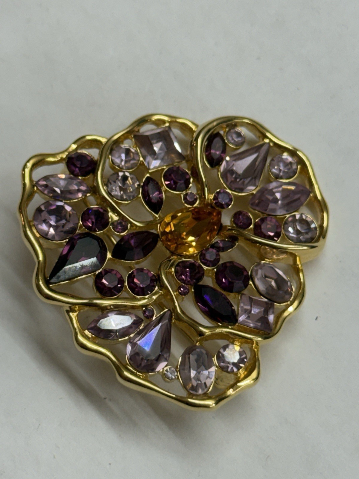 NOLAN MILLER Gold Tone Purple Crystal Pansy Flower Delicate Brooch Pin
