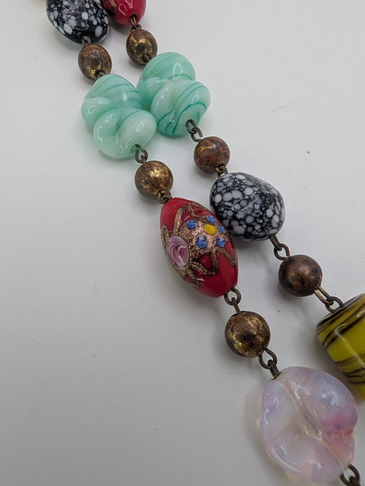 VTG Colorful Glass Metal & PlasticBead Necklace Painted Bronze Swirls Long