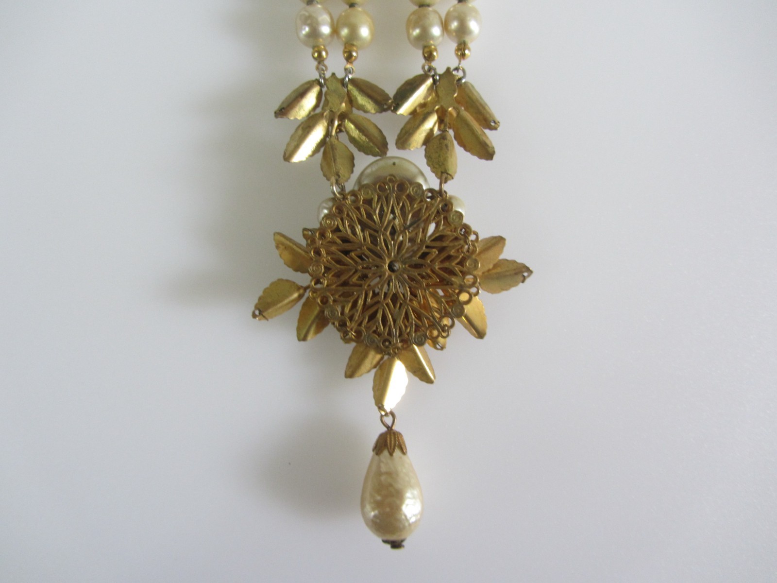 Vintage Signed Miriam Haskell Double Strand Pearl Necklace with Ornate Leaf Pend