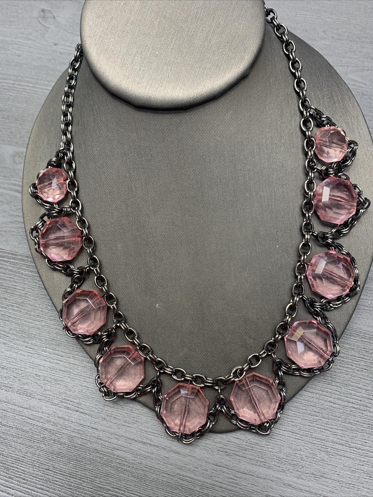 Vintage Beaded Necklace 18” Boho Pink, Gunmetal, Gray, Bib Statement