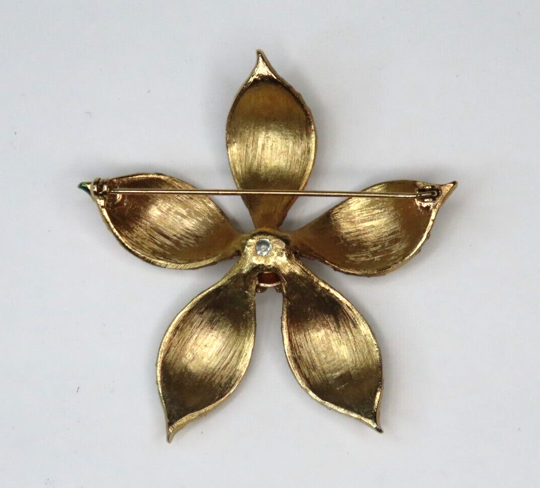 Gold-tone Flower Brooch with Red Green Brown Enamel Spots 2.5″ Pin
