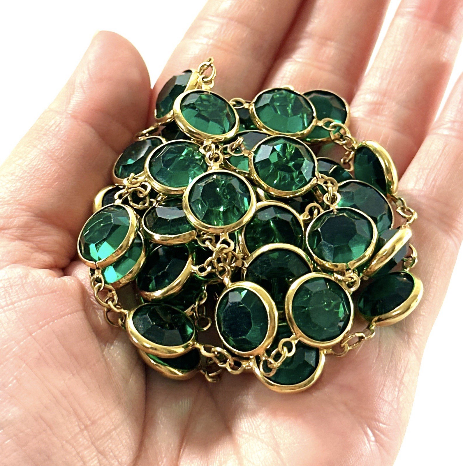 Long Gold Tone Emerald Green Crystal Station Necklace Faceted Bezel Set 36”