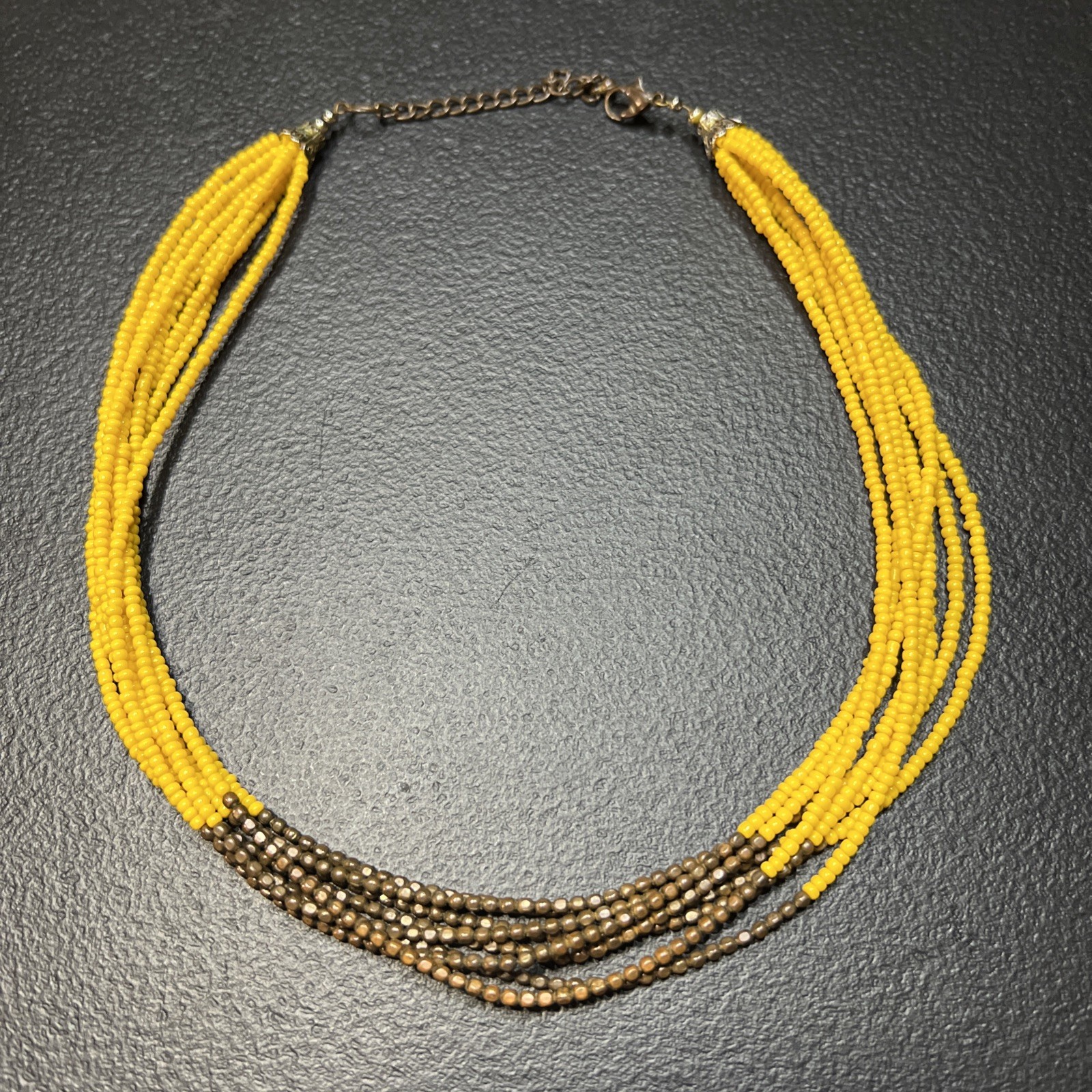 Vintage Brass-tone Yellow Glass Sead Bead Necklace Multistrand 21″