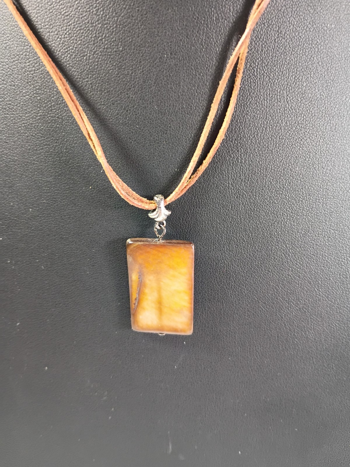 Rectangle Tiger Eye Brown Shell Penadant Necklace Brown Leather Cord 925 Silver