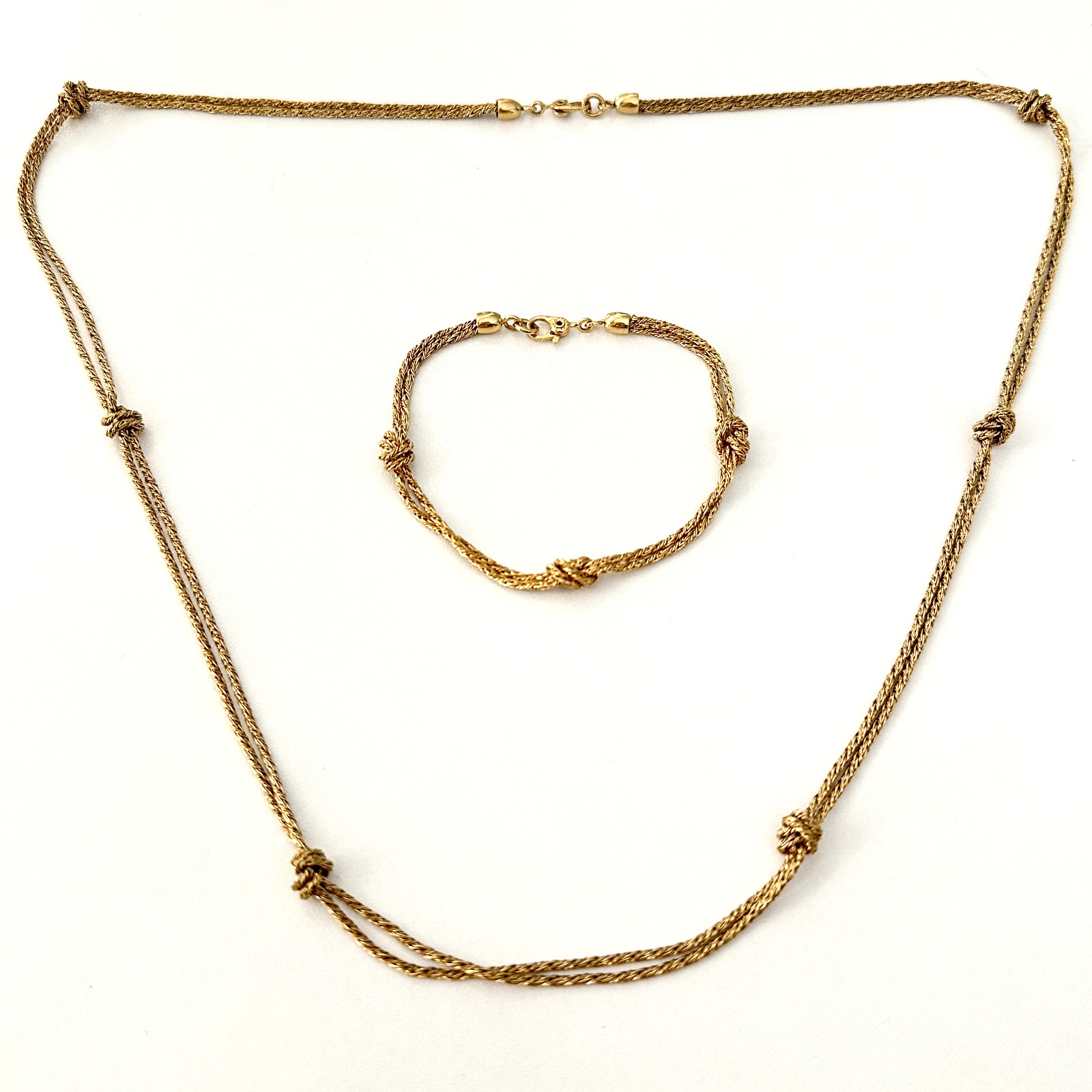 Vintage Gold Tone Rope Twist Knot Double Strand Necklace Bracelet Matching Set