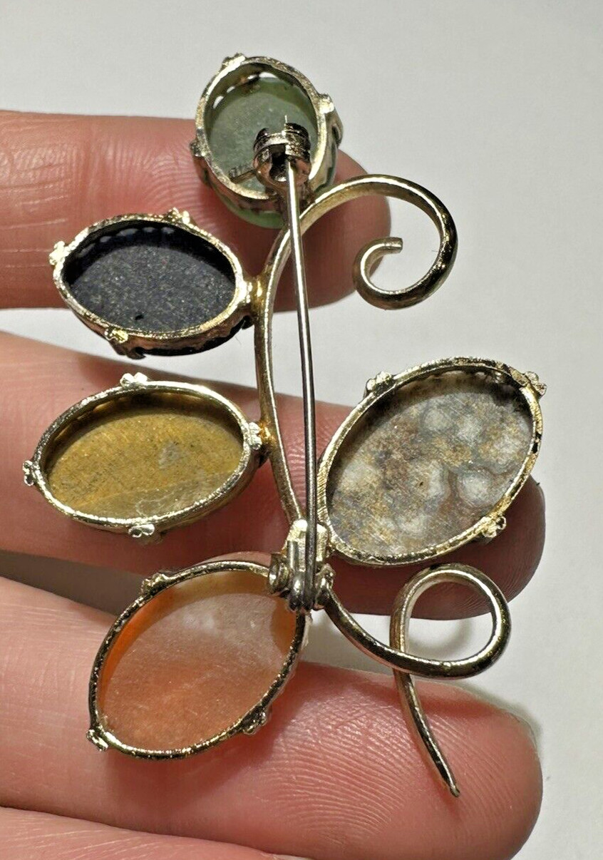 Vintag Carved Green Jade Blue Feldspar Carnelian Tigers Eye Scarab Branch Brooch