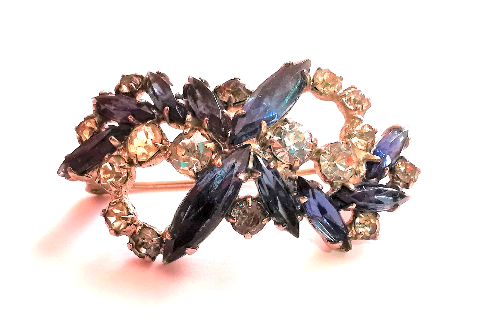 Czech Brooch Vintage Pin Rhinestone Blue Clear Glass Rhinestones Silvered Brass