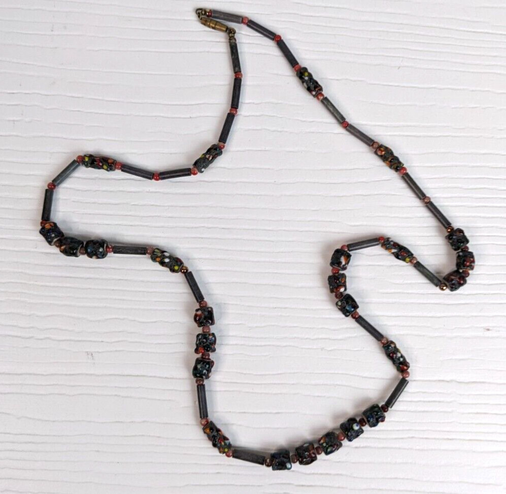 vintage necklace beaded earthtones bohemian artisan black 22″ L