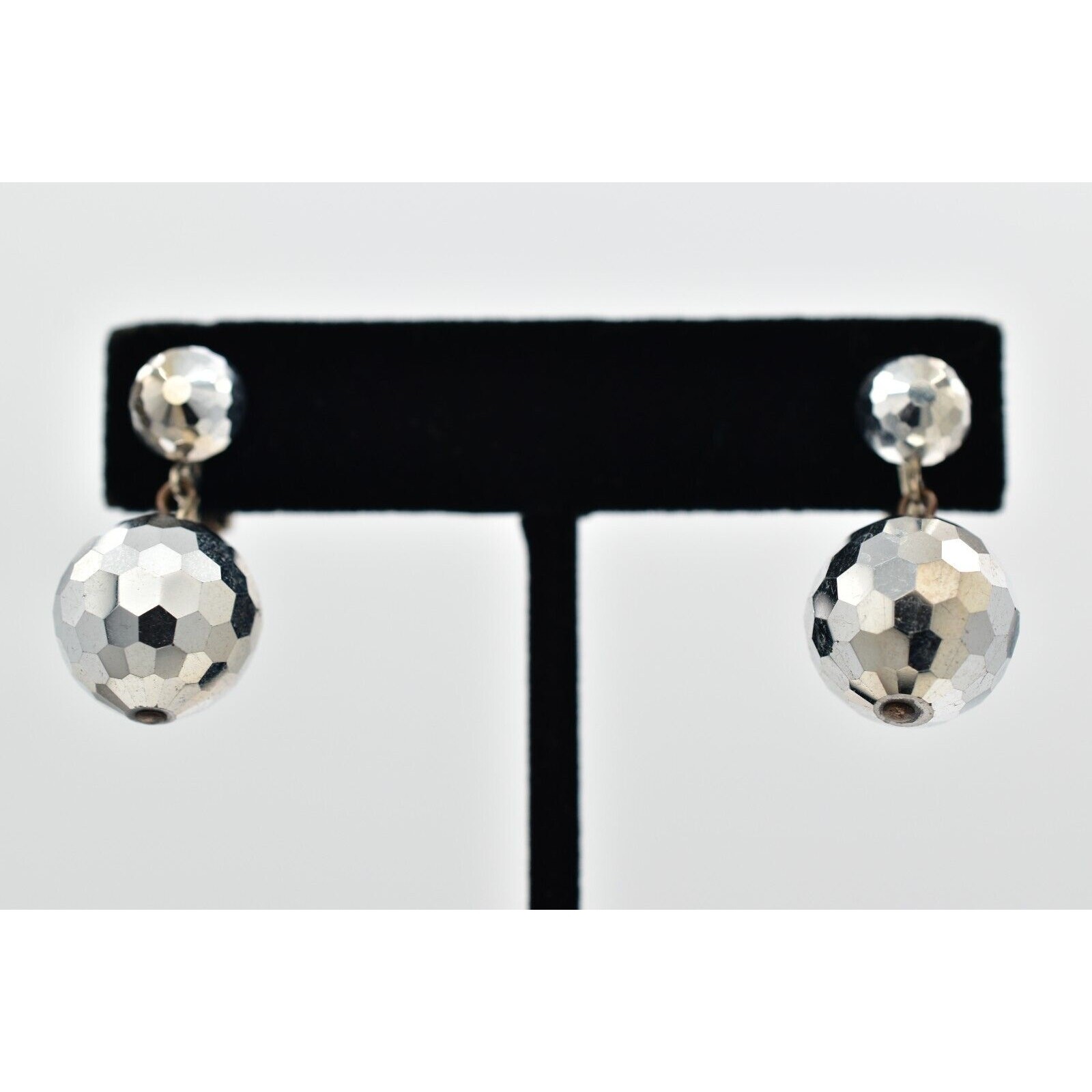 Vintage Crystal Clip On Earrings Silver Dangle Disco Ball Drop Glam 1950s A24