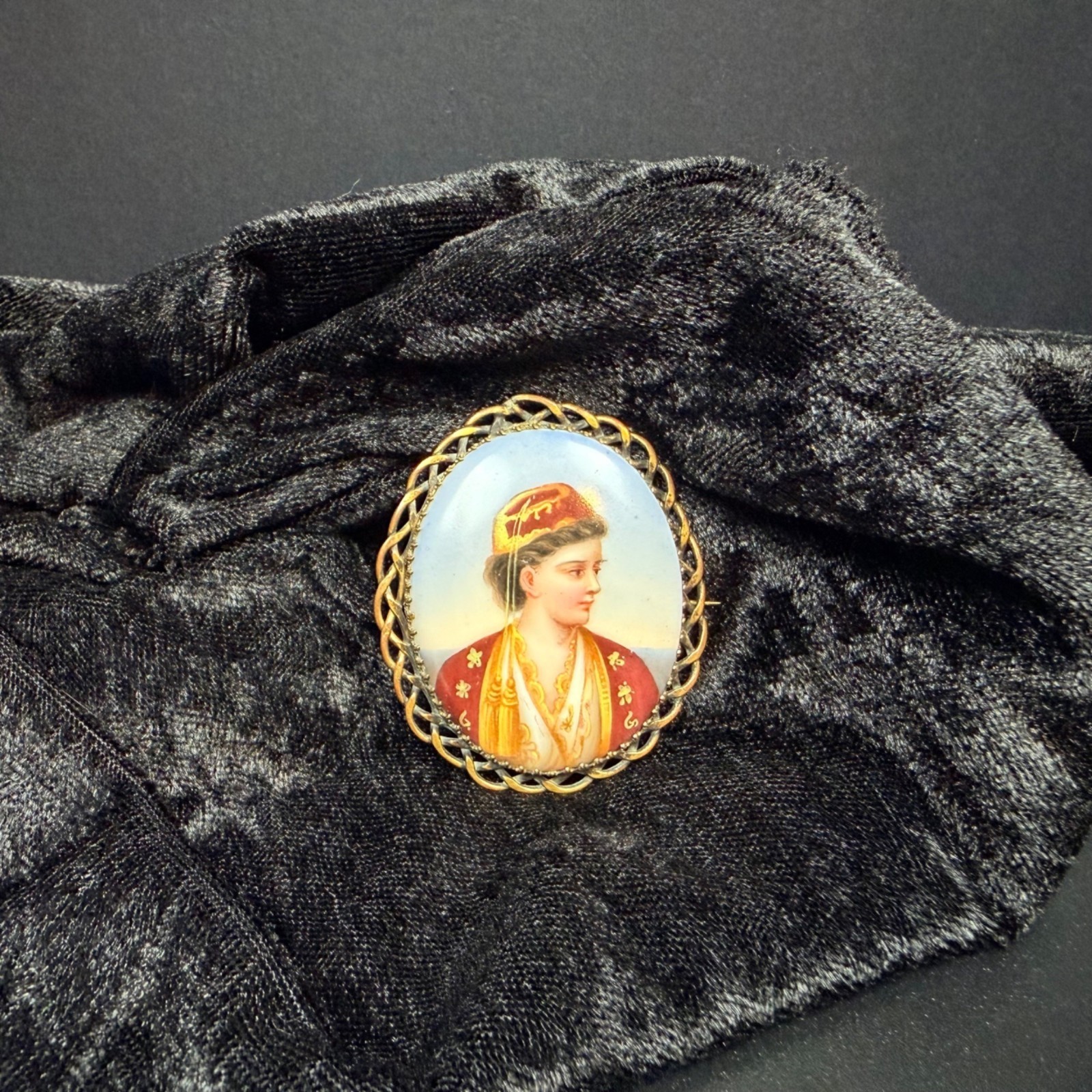 Antique Hand Painted Porcelain Portrait Brooch Woman Greek Ottoman Costume