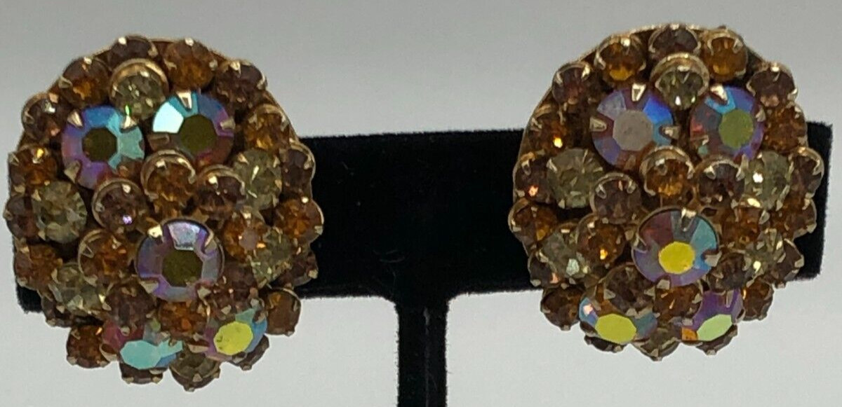 Vintage Clip Earrings Signed Pat Pend Dome Cluster Prong Set Topaz AB Rhinestone