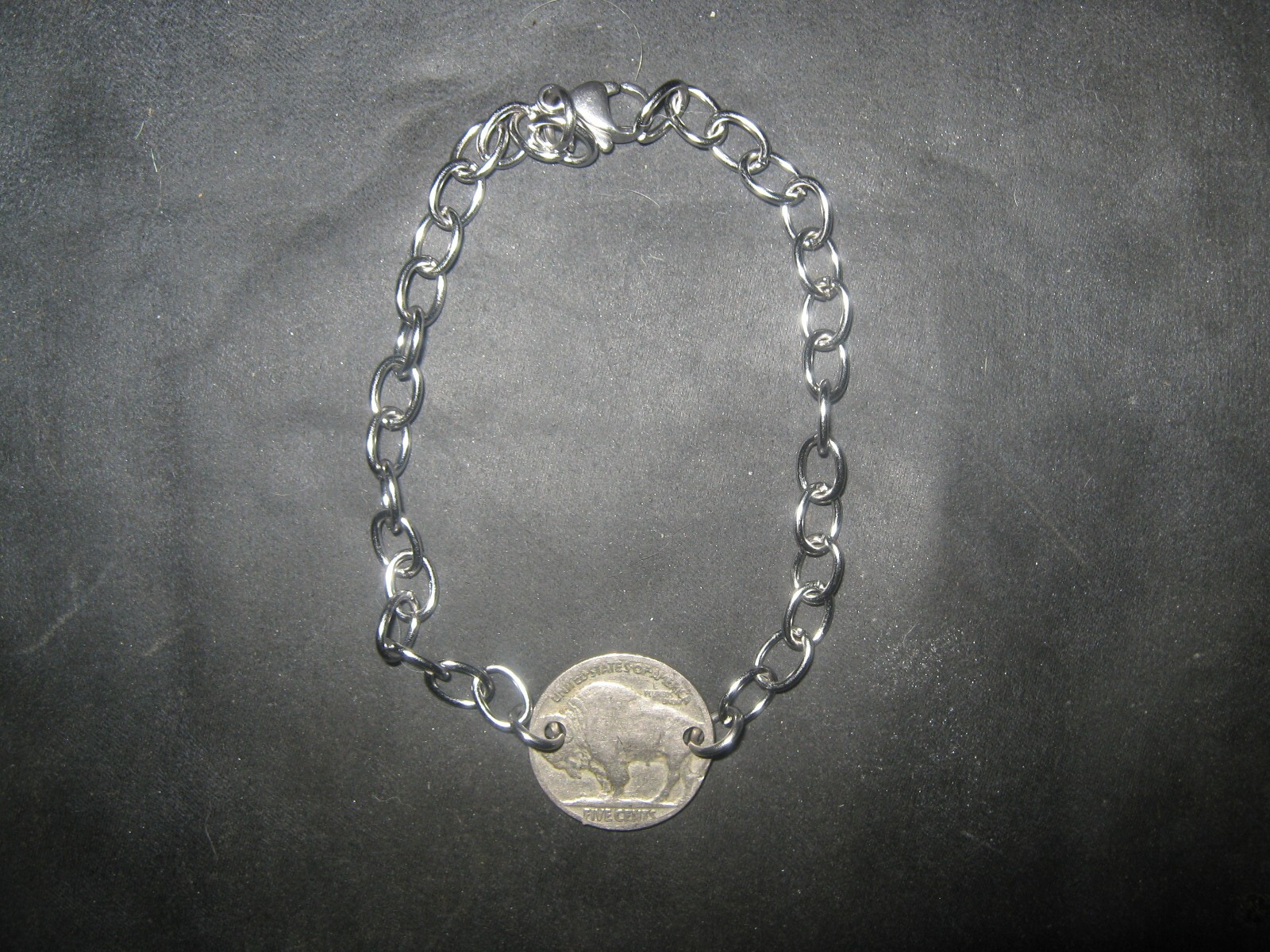 Vintage Antique Stainless Steel Buffalo Nickel Link Silver Coin Charm Bracelet