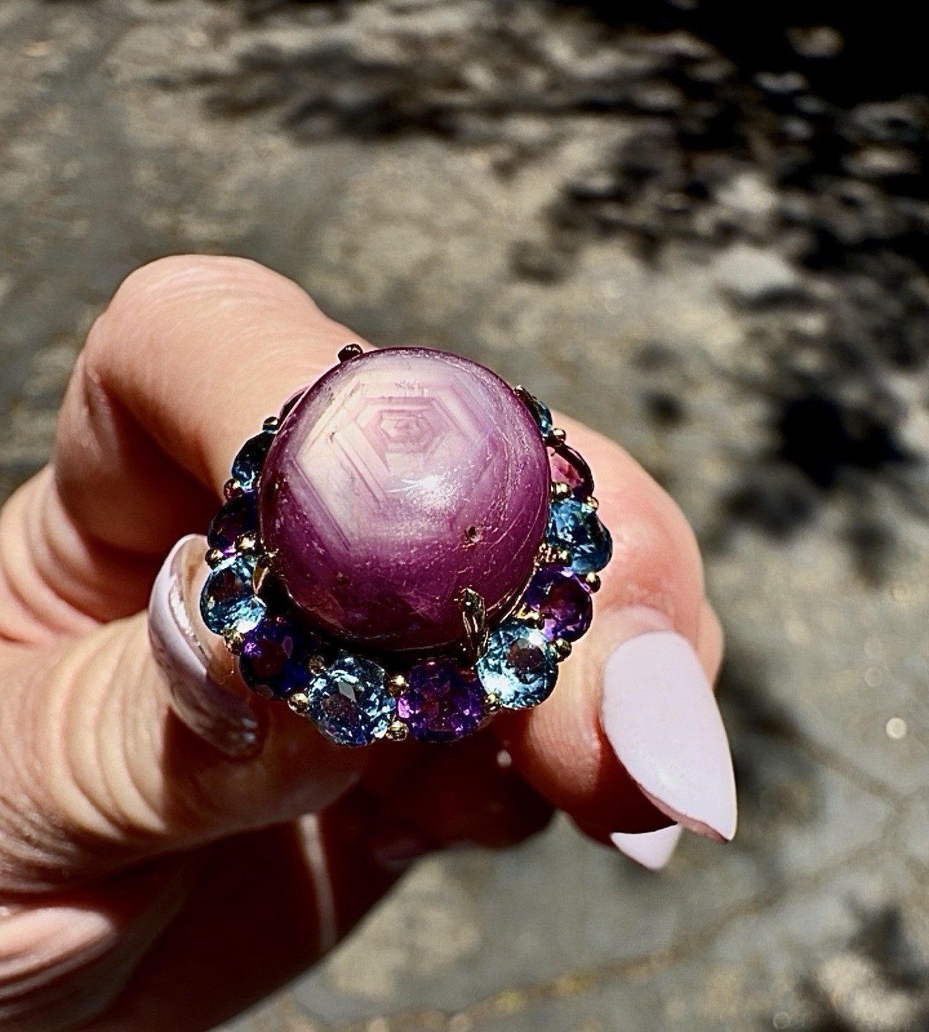 Hex Pink Sapphire Cabochon Ring. Topaz and Amethyst accents