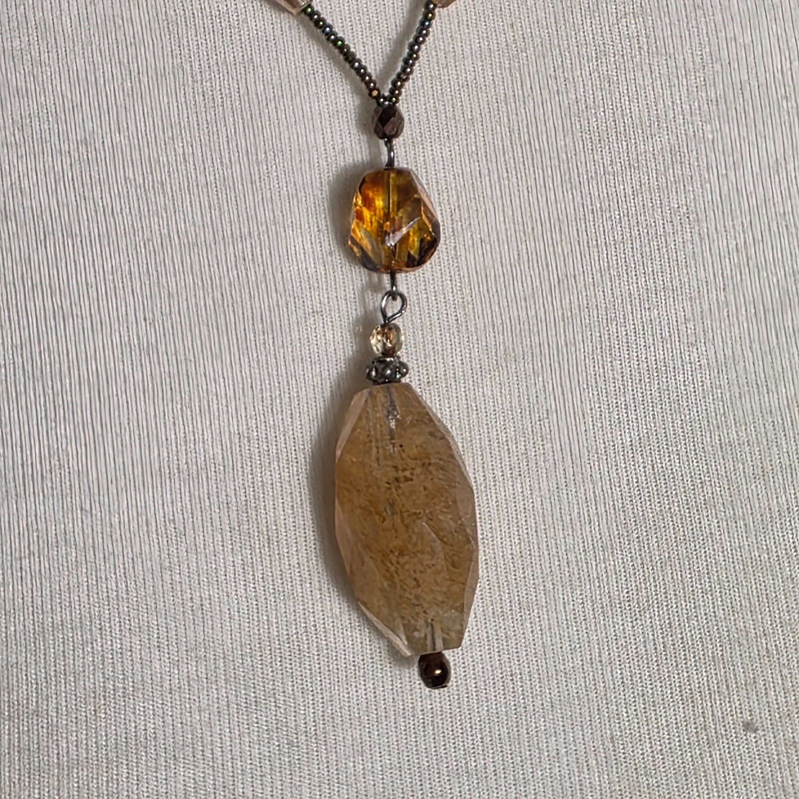 Beaded Lariat Necklace Large Irregularly Shaped Stone Earth-Tone Mix of Beads