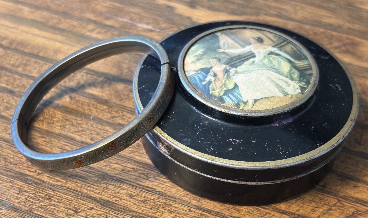 Antique Vintage Circa 1920-1930’s Portrait Tin and Floral Hinged Bangle Bracelet